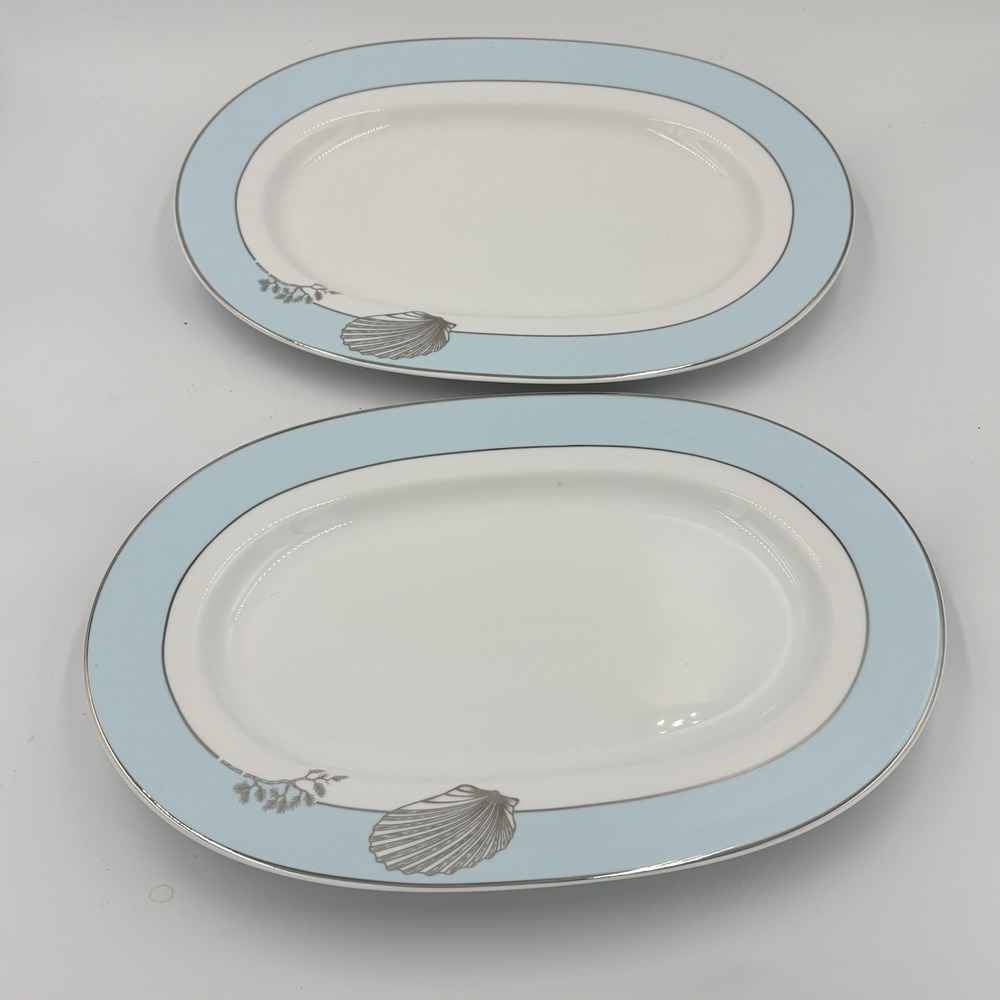 MINH LONG Set Of  2 Fine Porcelain‎ Sea Shell Platters Teal Blue 12 Inch Coastal